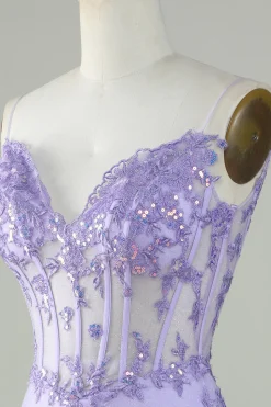 Bodycon Esparguete Correias Purple Corset Homecoming Dress com Apliques