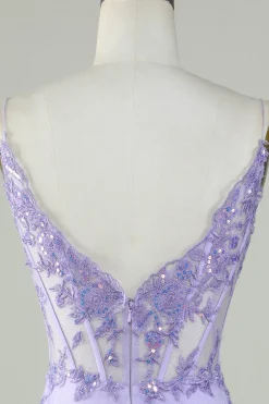 Bodycon Esparguete Correias Purple Corset Homecoming Dress com Apliques