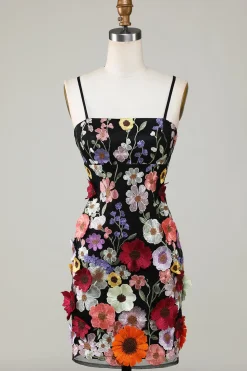 Bodycon Esparguete Correias Vestido Preto Homecoming com Flores 3D