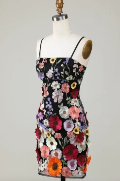 Bodycon Esparguete Correias Vestido Preto Homecoming com Flores 3D