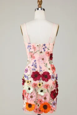 Bodycon Esparguete Correias Vestido Preto Homecoming com Flores 3D