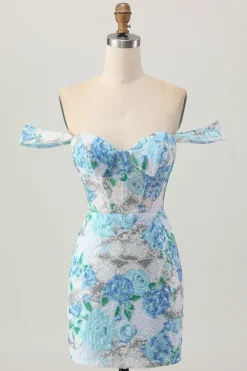 Bodycon flor azul branca fora do ombro Sequins vestido curto Homecoming