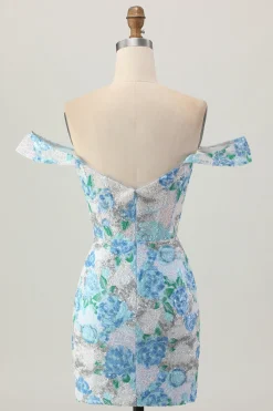 Bodycon flor azul branca fora do ombro Sequins vestido curto Homecoming