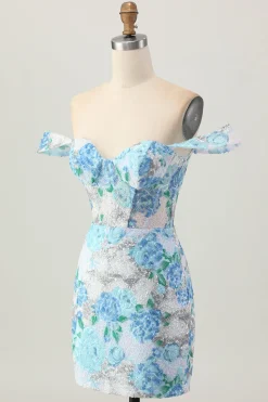 Bodycon flor azul branca fora do ombro Sequins vestido curto Homecoming