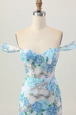 Bodycon flor azul branca fora do ombro Sequins vestido curto Homecoming
