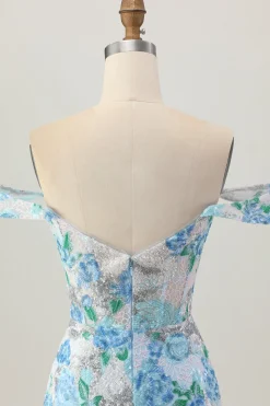 Bodycon flor azul branca fora do ombro Sequins vestido curto Homecoming