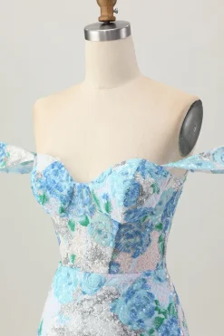 Bodycon flor azul branca fora do ombro Sequins vestido curto Homecoming
