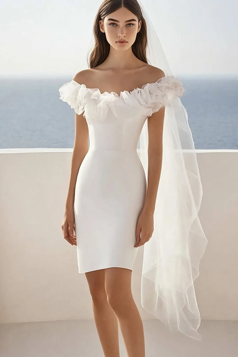 Bodycon Fora do Ombro Babado Curto/Mini Vestidinho Branco