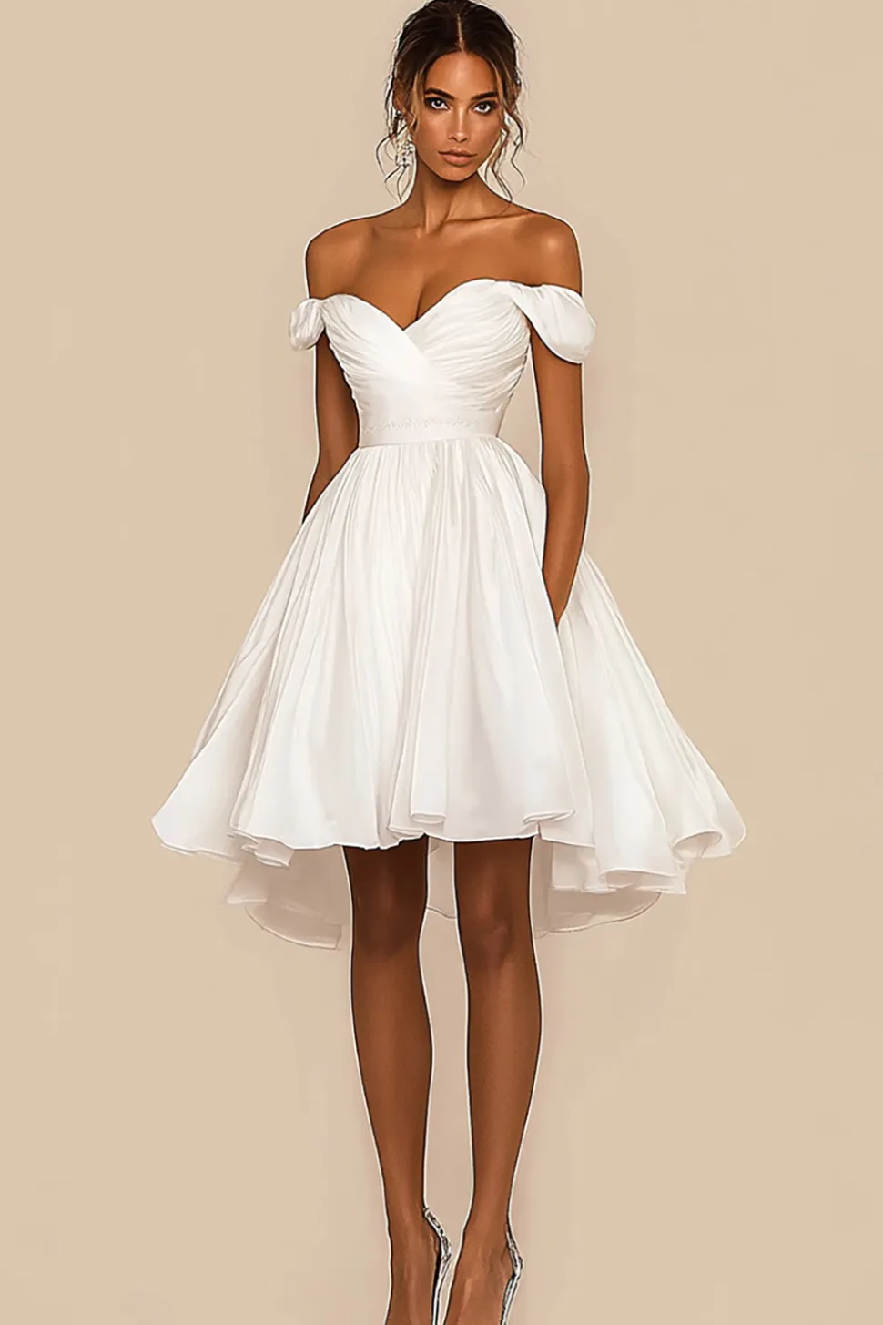 Bodycon Fora do Ombro Ruched Curto/Mini Vestidinho Branco