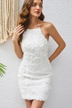 Bodycon Halter Neck Branco Appliques Cocktail Dress