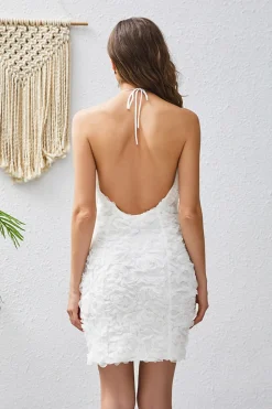 Bodycon Halter Neck Branco Appliques Cocktail Dress