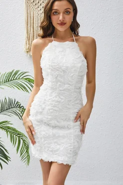 Bodycon Halter Neck Branco Appliques Cocktail Dress