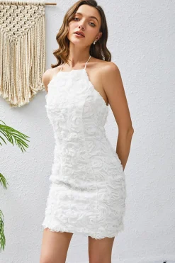 Bodycon Halter Neck Branco Appliques Cocktail Dress