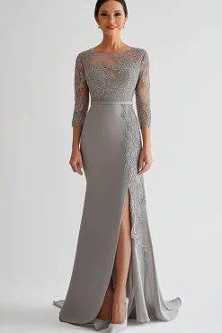 Bodycon prata brilhante apliques mãe de vestido de noiva com fenda