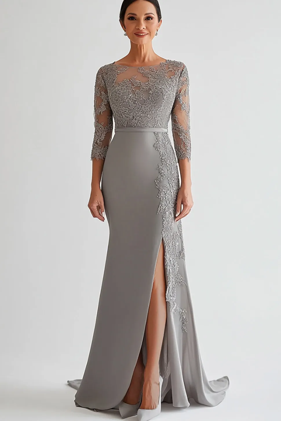 Bodycon prata brilhante apliques mãe de vestido de noiva com fenda