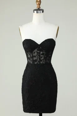 Bodycon Querida Espartilho Preto Vestido Curto Homecoming com Apliques