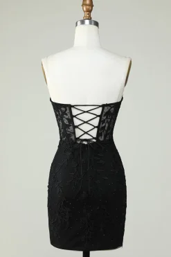 Bodycon Querida Espartilho Preto Vestido Curto Homecoming com Apliques