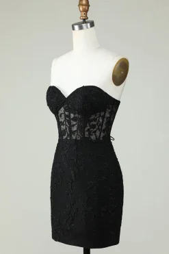 Bodycon Querida Espartilho Preto Vestido Curto Homecoming com Apliques
