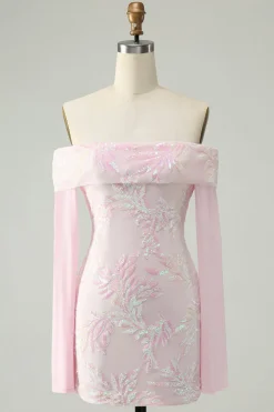 Bodycon rosa brilhante fora do ombro Vestido de lantejoulas Homecoming com mangas longas
