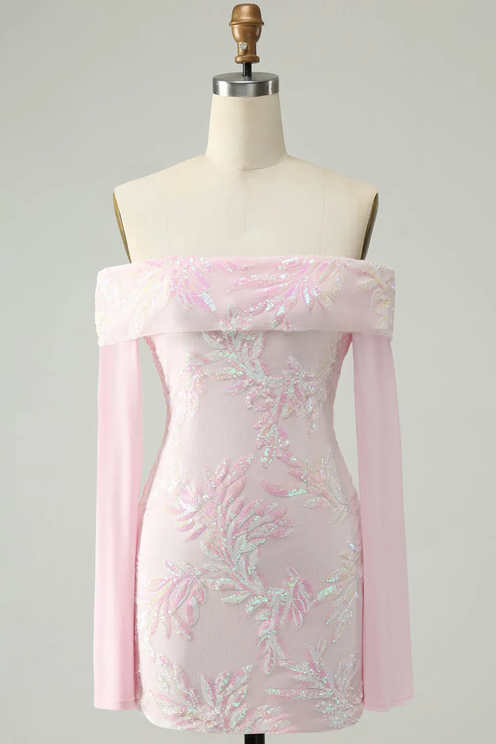 Bodycon rosa brilhante fora do ombro Vestido de lantejoulas Homecoming com mangas longas