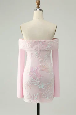 Bodycon rosa brilhante fora do ombro Vestido de lantejoulas Homecoming com mangas longas
