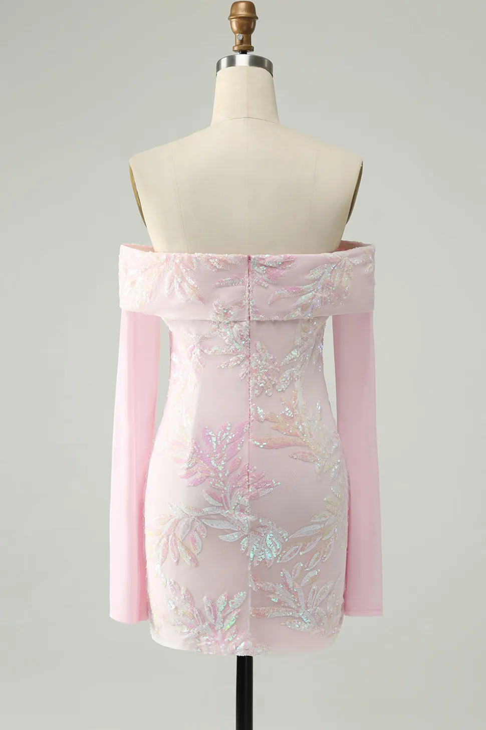 Bodycon rosa brilhante fora do ombro Vestido de lantejoulas Homecoming com mangas longas