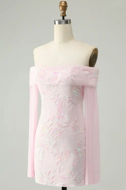 Bodycon rosa brilhante fora do ombro Vestido de lantejoulas Homecoming com mangas longas