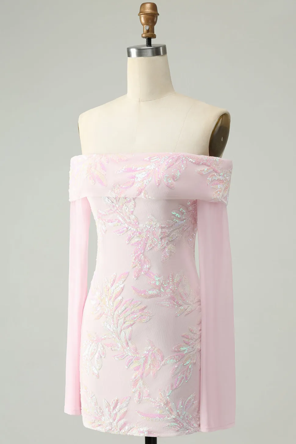 Bodycon rosa brilhante fora do ombro Vestido de lantejoulas Homecoming com mangas longas