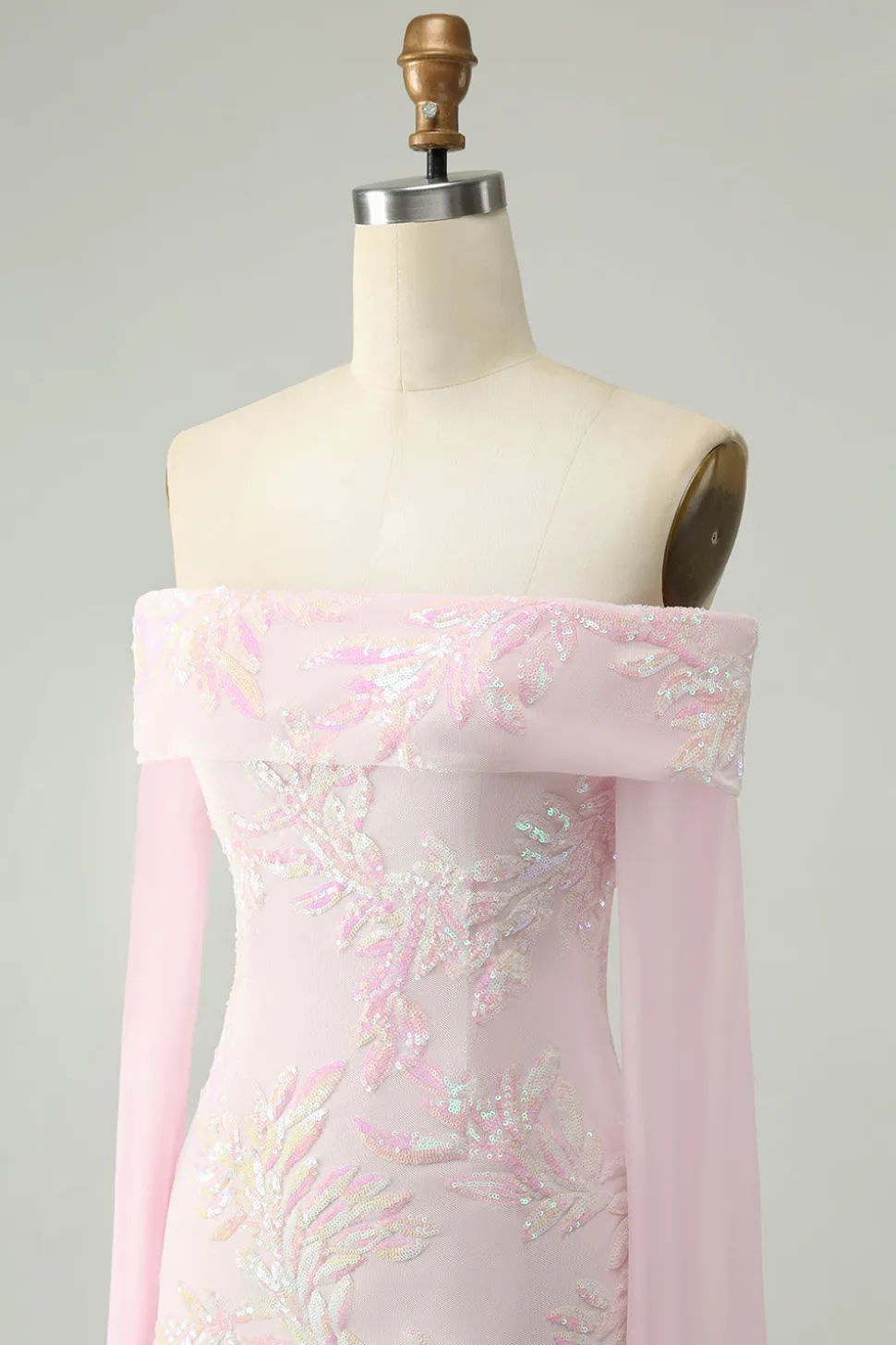 Bodycon rosa brilhante fora do ombro Vestido de lantejoulas Homecoming com mangas longas