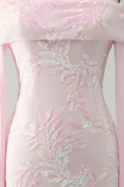 Bodycon rosa brilhante fora do ombro Vestido de lantejoulas Homecoming com mangas longas