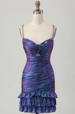 Bodycon roxo azul metálico cortado para fora babado Homecoming Dress