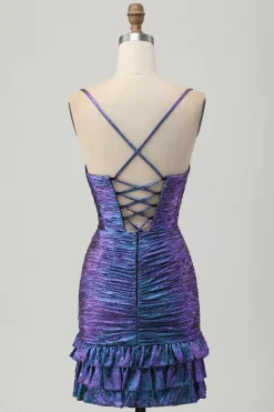 Bodycon roxo azul metálico cortado para fora babado Homecoming Dress