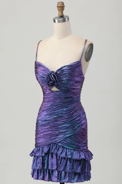 Bodycon roxo azul metálico cortado para fora babado Homecoming Dress