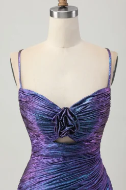 Bodycon roxo azul metálico cortado para fora babado Homecoming Dress