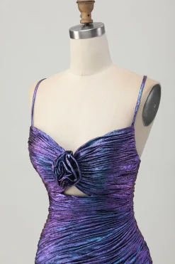 Bodycon roxo azul metálico cortado para fora babado Homecoming Dress