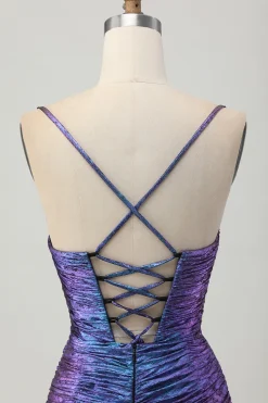 Bodycon roxo azul metálico cortado para fora babado Homecoming Dress