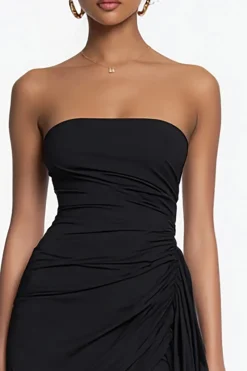 Bodycon Strapless Ruched Vestido Preto com Sash