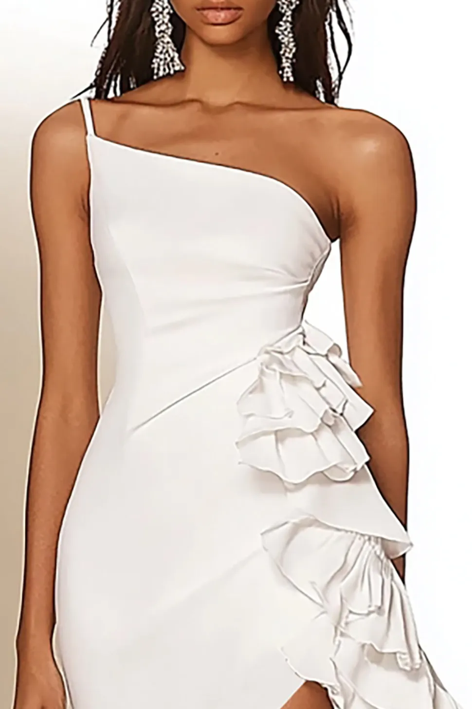 Bodycon Um Ombro Babados Cetim Mini Vestidinho Branco