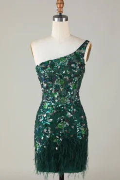 Bodycon Um Ombro Verde Escuro Sequins Vestido Curto Homecoming com Pena