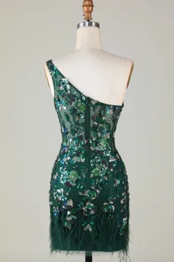 Bodycon Um Ombro Verde Escuro Sequins Vestido Curto Homecoming com Pena