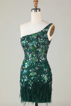 Bodycon Um Ombro Verde Escuro Sequins Vestido Curto Homecoming com Pena