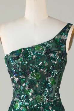 Bodycon Um Ombro Verde Escuro Sequins Vestido Curto Homecoming com Pena