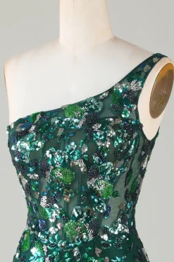 Bodycon Um Ombro Verde Escuro Sequins Vestido Curto Homecoming com Pena