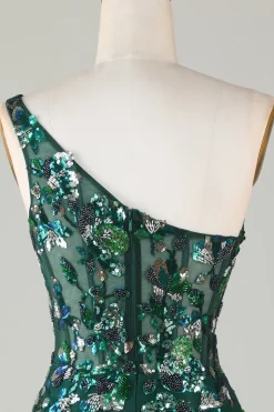 Bodycon Um Ombro Verde Escuro Sequins Vestido Curto Homecoming com Pena