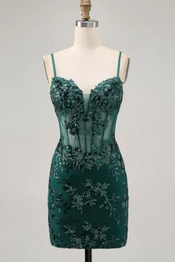 Bodycon Verde Escuro Backless Sheer Corset Homecoming Dress com Sequins