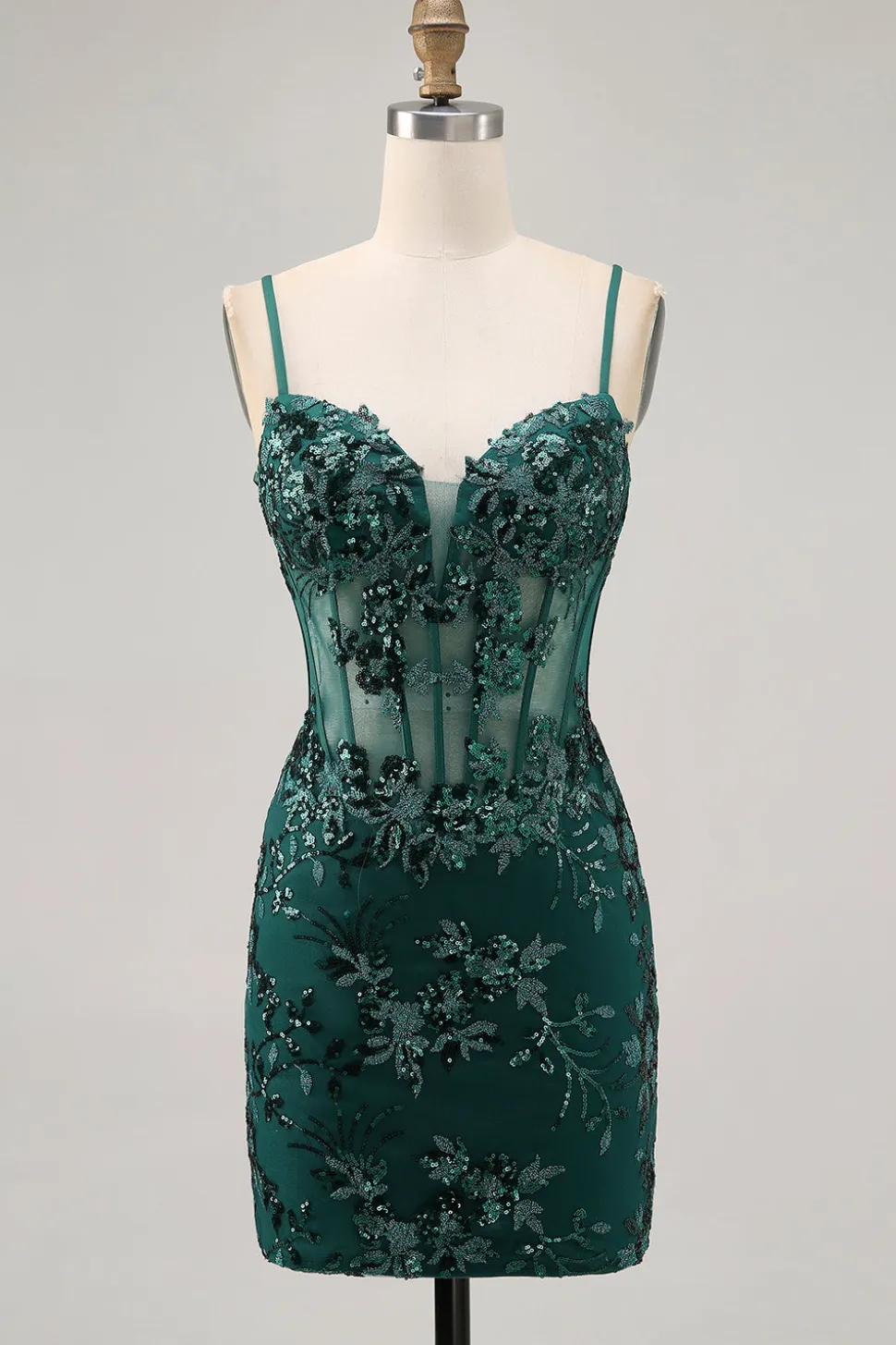 Bodycon Verde Escuro Backless Sheer Corset Homecoming Dress com Sequins