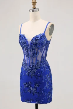 Bodycon Verde Escuro Backless Sheer Corset Homecoming Dress com Sequins