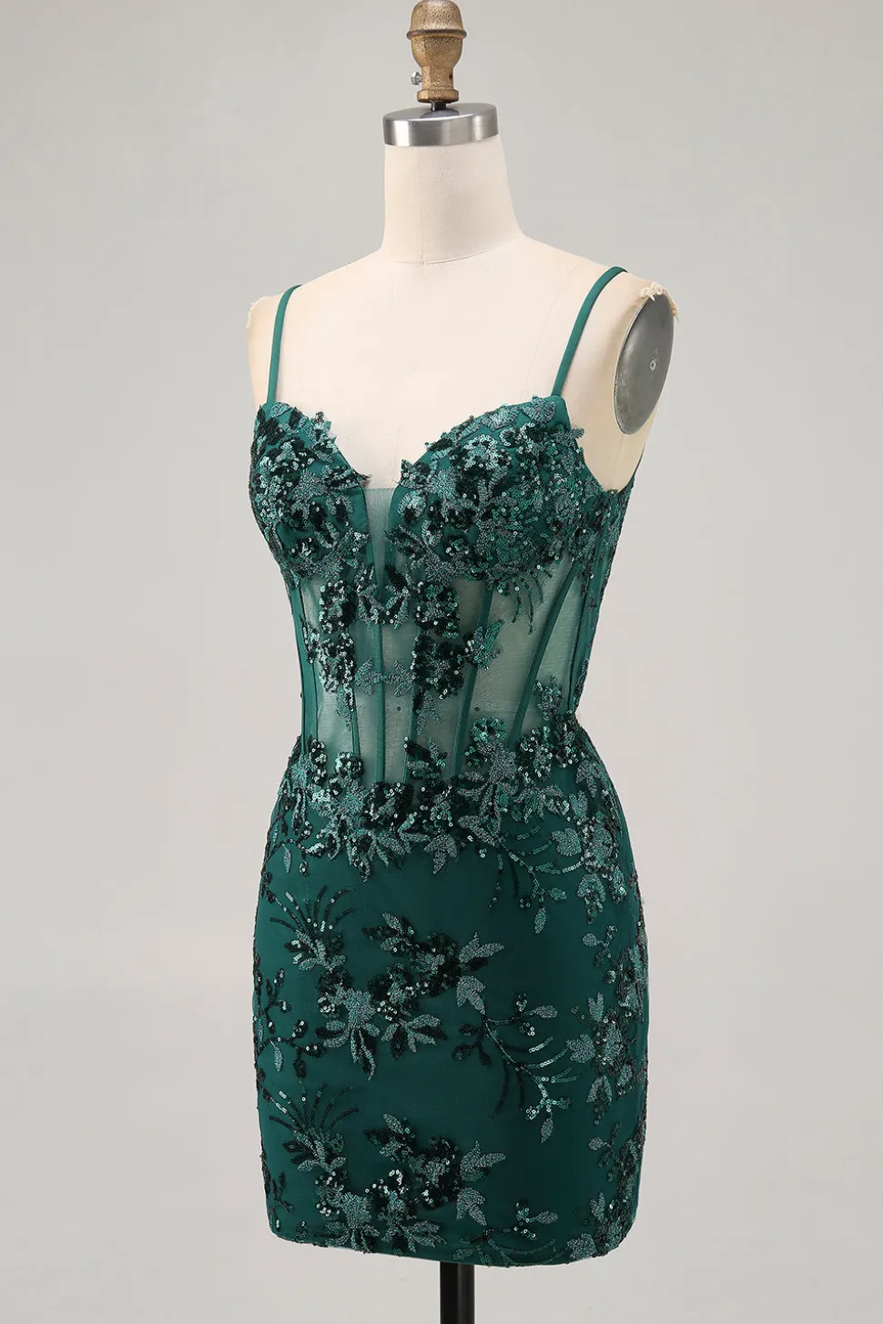 Bodycon Verde Escuro Backless Sheer Corset Homecoming Dress com Sequins