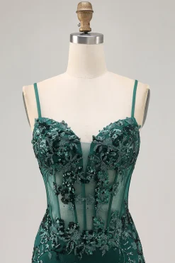 Bodycon Verde Escuro Backless Sheer Corset Homecoming Dress com Sequins