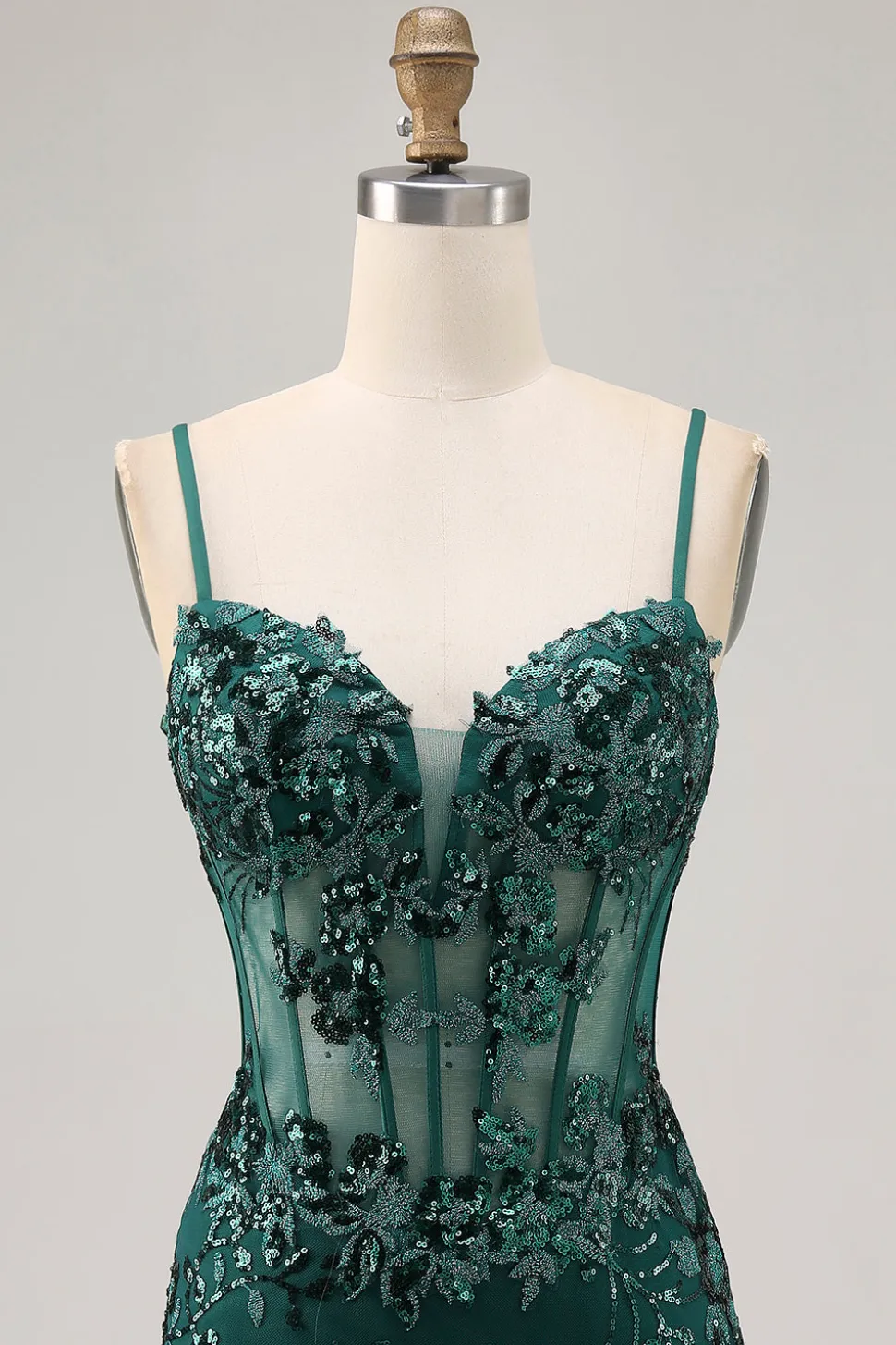 Bodycon Verde Escuro Backless Sheer Corset Homecoming Dress com Sequins